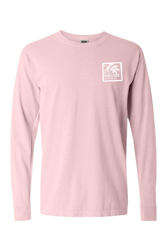 Light pink Comfort Colors long sleeve t-shirt with a white 15 Walnut tavern and kitchen chest logo.