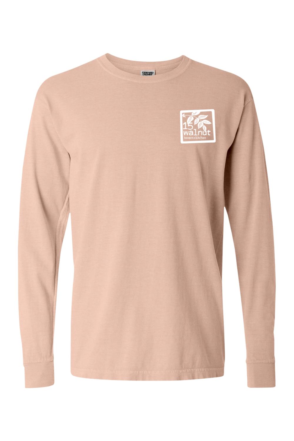 Walnut Comfort Colors long sleeve tee with a white 15 Walnut Tavern + Kitchen logo on the left chest.