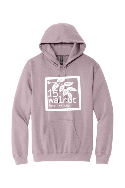Dusty purple hooded sweatshirt featuring a white 15 Walnut Tavern + Kitchen logo graphic on the front.