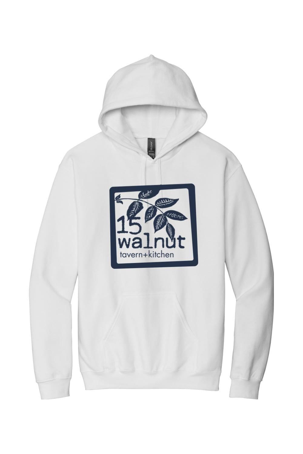 White pullover hoodie featuring a navy blue 15 Walnut Tavern + Kitchen logo with leaf graphic on the chest.