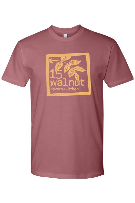Dusty rose crewneck t-shirt featuring a yellow 15 Walnut Tavern & Kitchen logo graphic on the chest.