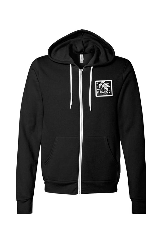 Black sponge fleece full-zip hoodie with white drawstrings and 15 Walnut Tavern + Kitchen logo on the chest.