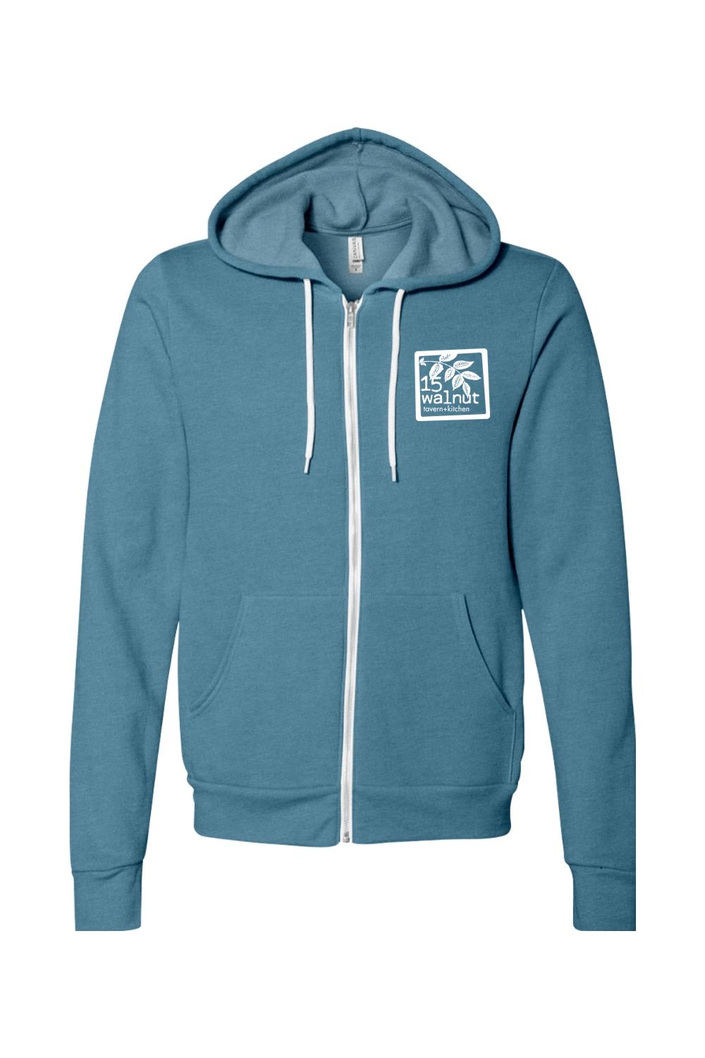 Blue sponge fleece full-zip hoodie with white drawstrings and 15 Walnut Tavern + Kitchen logo on the chest.