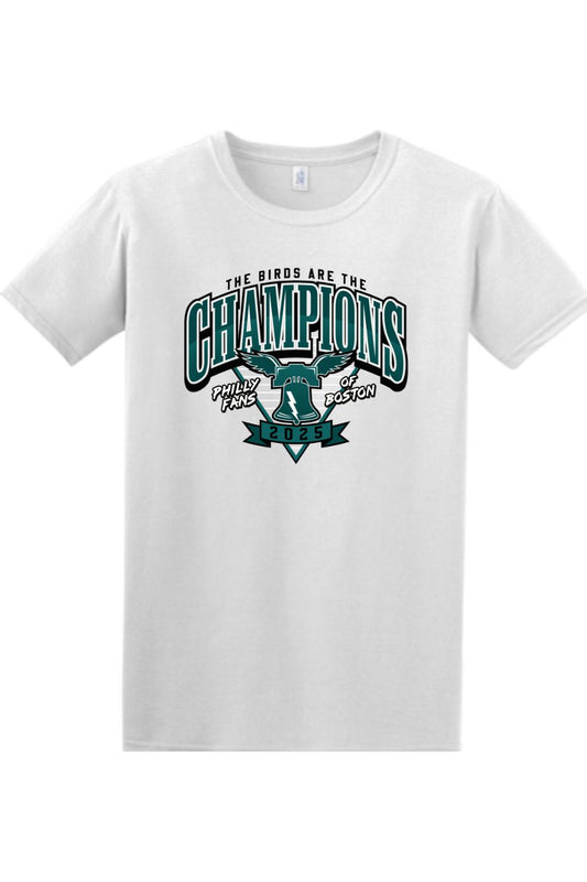 White cotton crewneck t-shirt featuring a 2025 Champs Philly Fans of Boston graphic with a Liberty Bell and eagle wings.