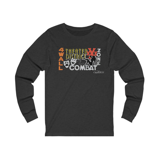Black long-sleeve cotton crewneck tee featuring a 4th Wall Theater District graphic with comedy and tragedy masks.