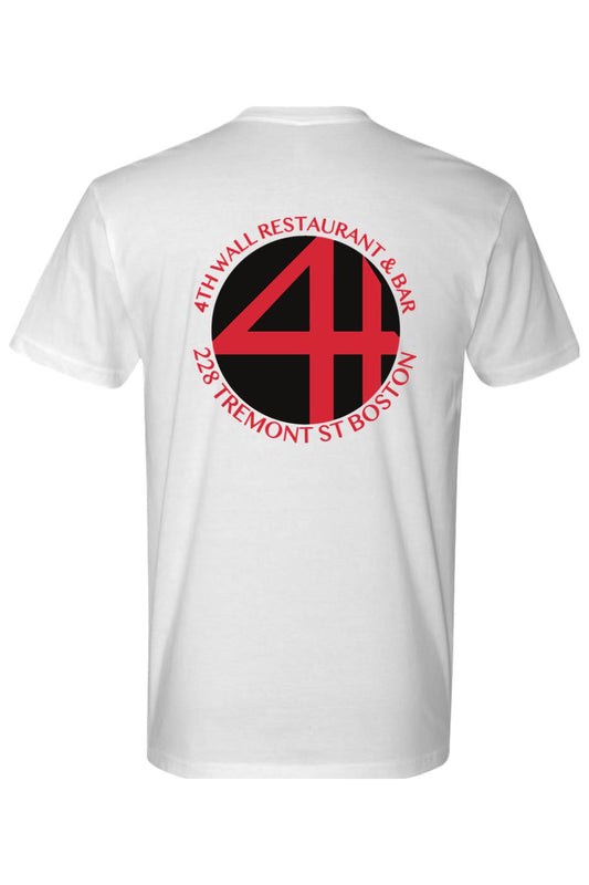 White cotton t-shirt featuring a red and black 4th Wall Restaurant & Bar logo on the back.