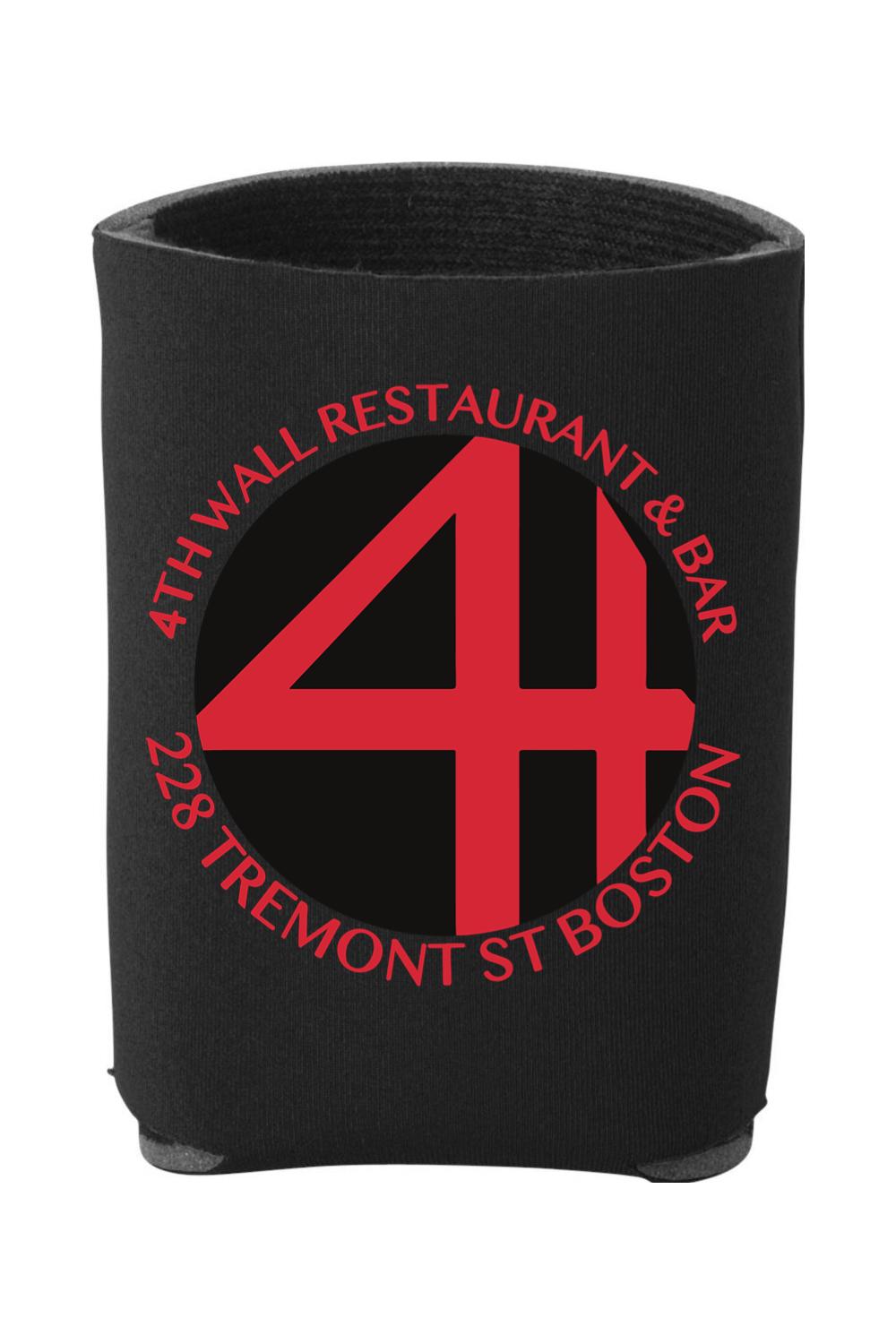 Black foam can cooler featuring a red 4th Wall Restaurant & Bar logo with Boston address text.