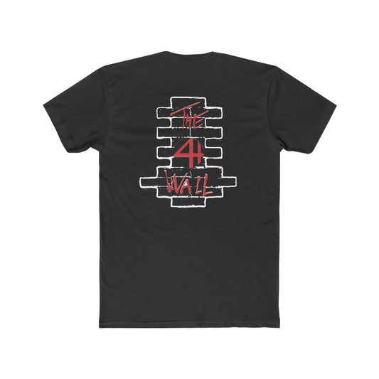 Black cotton tee featuring a white brick wall graphic with red The 4th Wall text on the back.