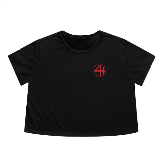 Black flowy cropped tee with a red 4th Wall Theater District logo on the chest.
