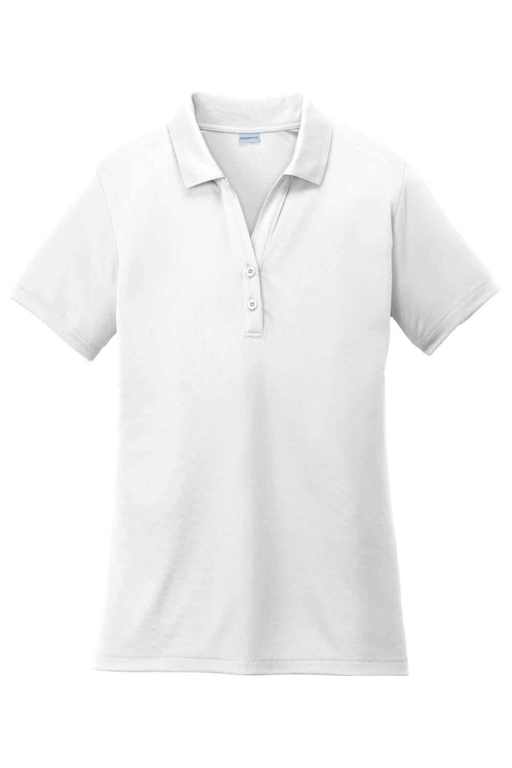 White Sport-Tek ladies moisture-wicking polo with a self-fabric collar and two-button placket.
