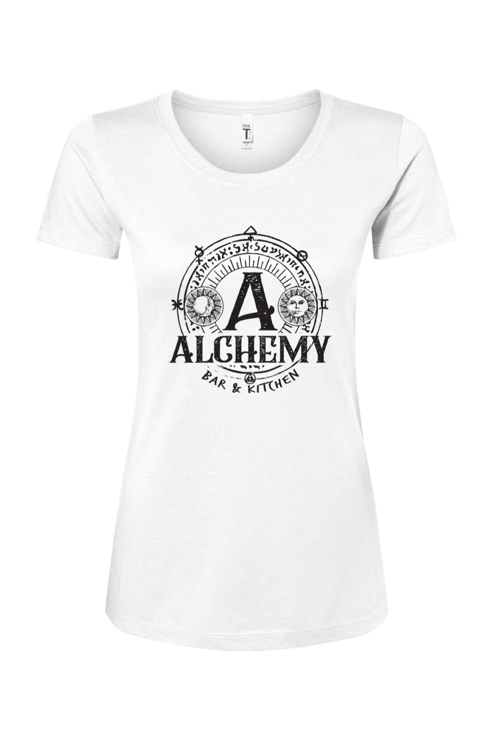 White women's crew neck t-shirt featuring a black Alchemy Bar & Kitchen logo with sun and moon celestial graphics.