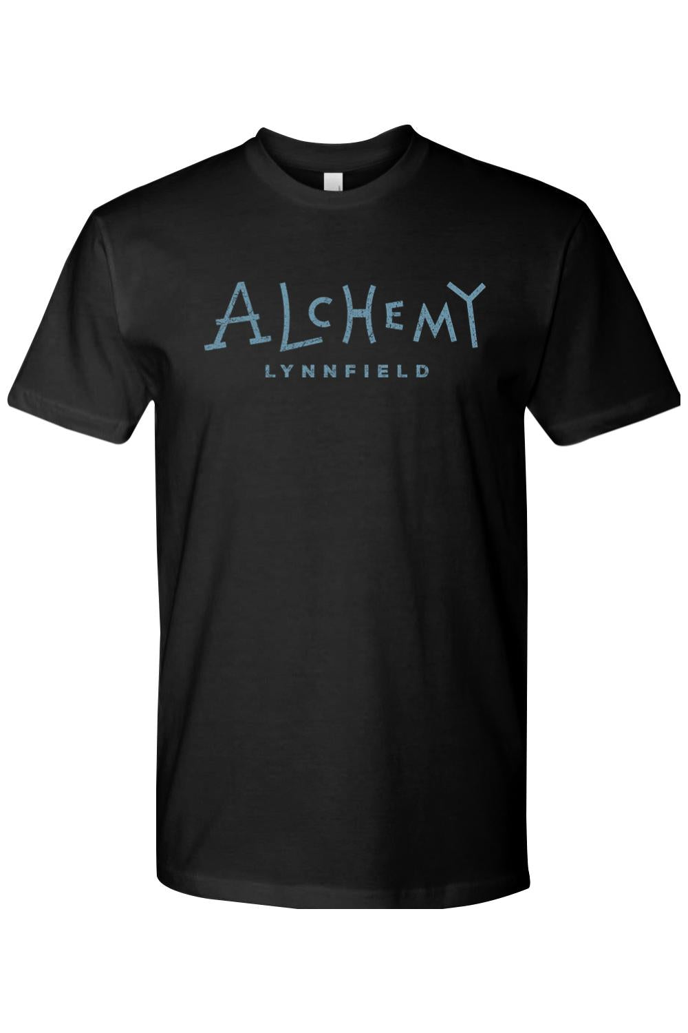 Black crew neck t-shirt featuring the Alchemy Lynnfield logo in distressed light blue lettering on the chest.