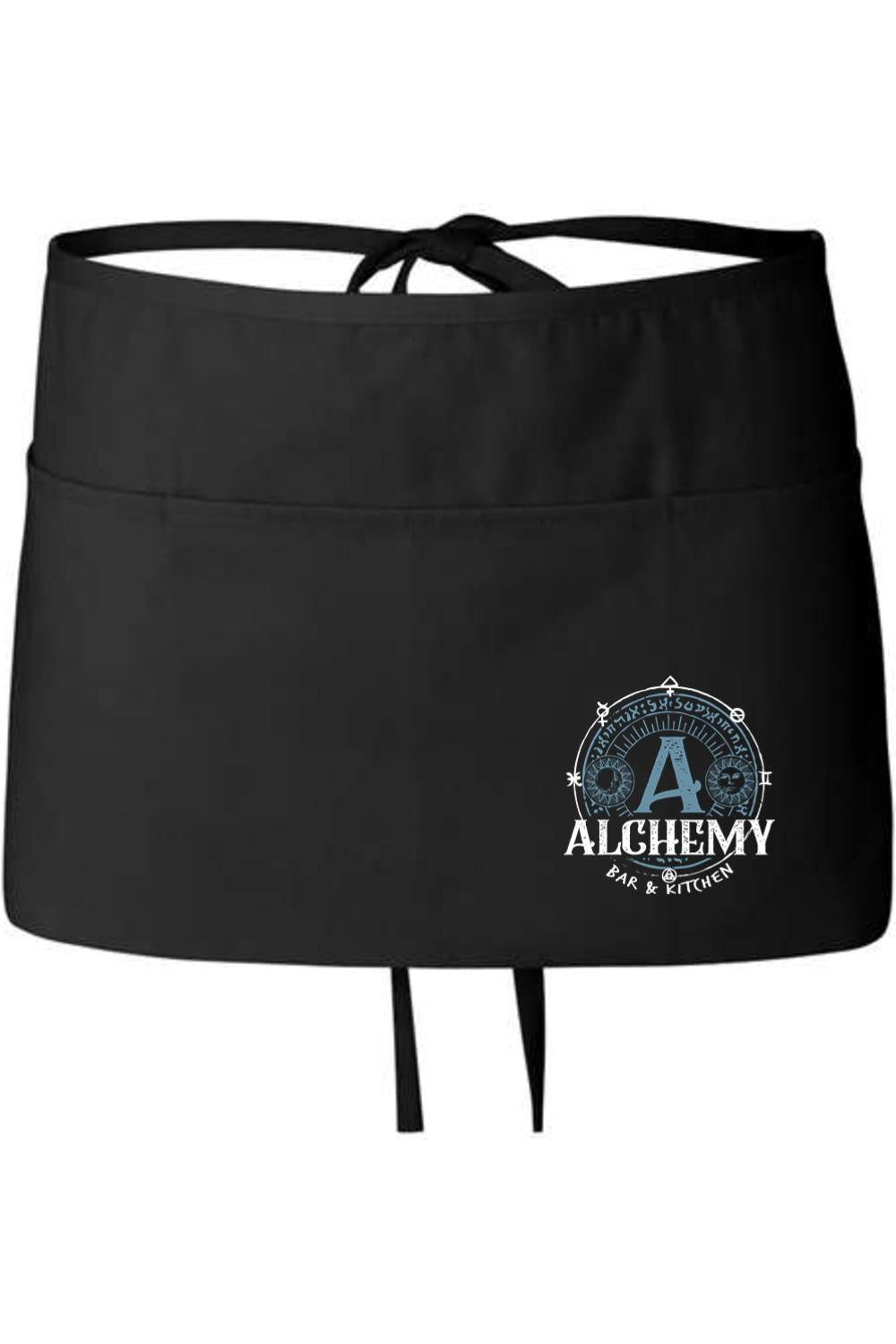Black waist apron with three-section front pocket and Alchemy Bar & Kitchen logo print, featuring waist side ties.