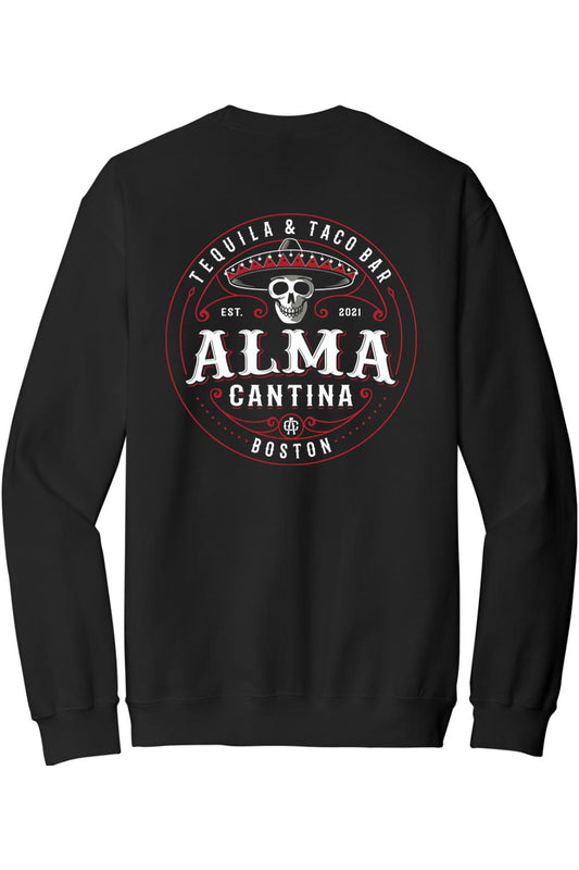 Black crewneck sweatshirt featuring a white and red Alma Cantina logo with a skull in a sombrero on the back.