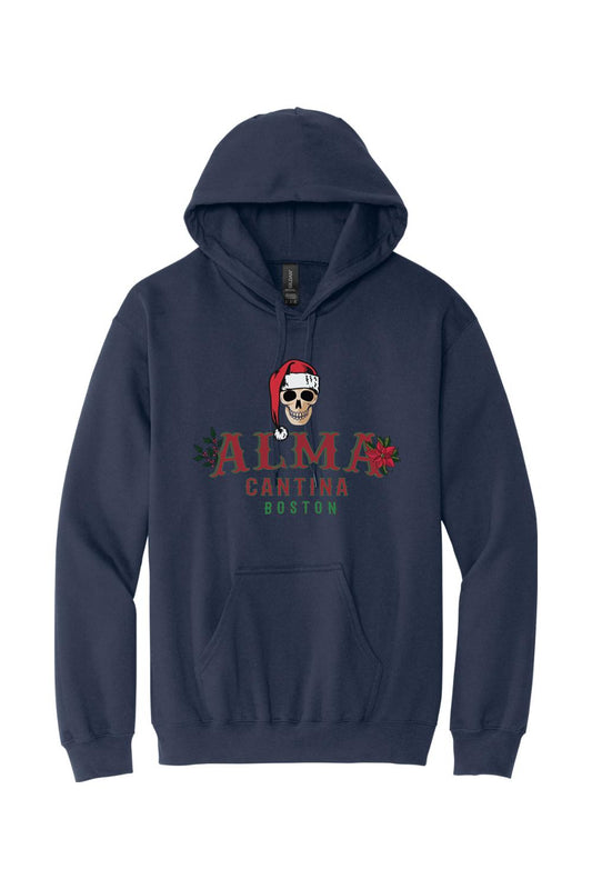 Navy blue cotton hoodie featuring an Alma Cantina holiday graphic with a Santa skull and poinsettias.