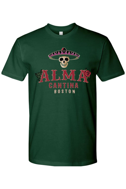 Dark green cotton crew neck t-shirt featuring an Alma Cantina skull and sombrero graphic on the chest.