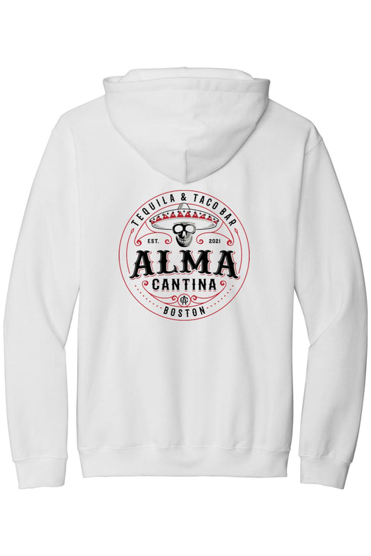 White cotton hoodie featuring a red and black Alma Cantina Tequila & Taco Bar skull logo on the back.