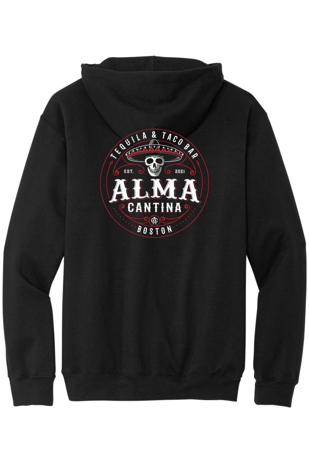 Black cotton zip-up hoodie featuring a red and white Alma Cantina skull logo graphic on the back.