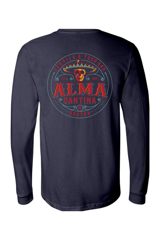 Navy blue long sleeve cotton t-shirt featuring a colorful Alma Cantina skull and sombrero graphic on the back.