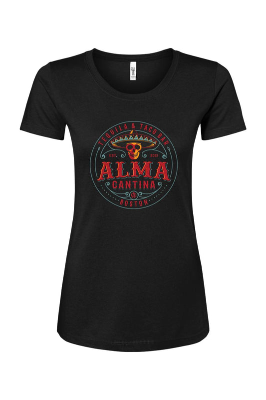 Black women's cotton-blend T-shirt featuring a colorful Alma Cantina tequila and taco bar logo graphic.