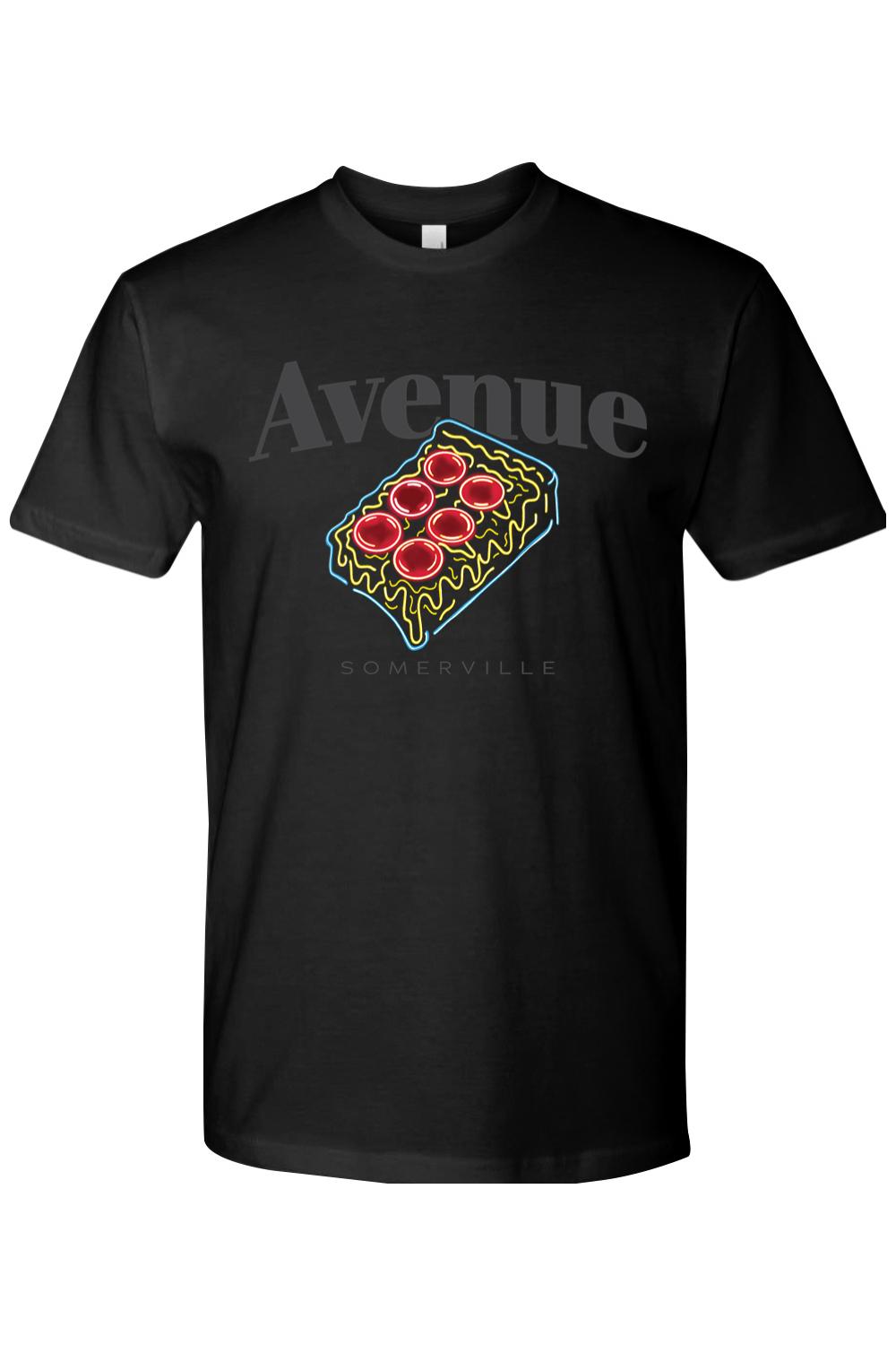 Black cotton men's t-shirt featuring a neon-style pizza slice graphic with Avenue Somerville text.