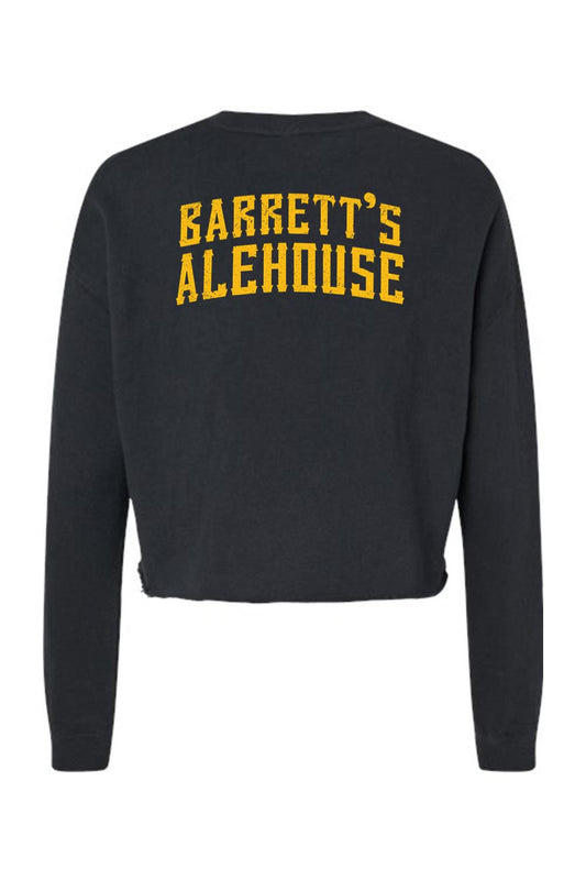Black cropped crewneck sweatshirt with Barrett's Alehouse logo in gold lettering on the back.