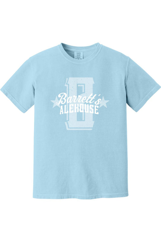 Light blue Comfort Colors short sleeve cotton t-shirt featuring a white distressed Barrett's Alehouse logo graphic.