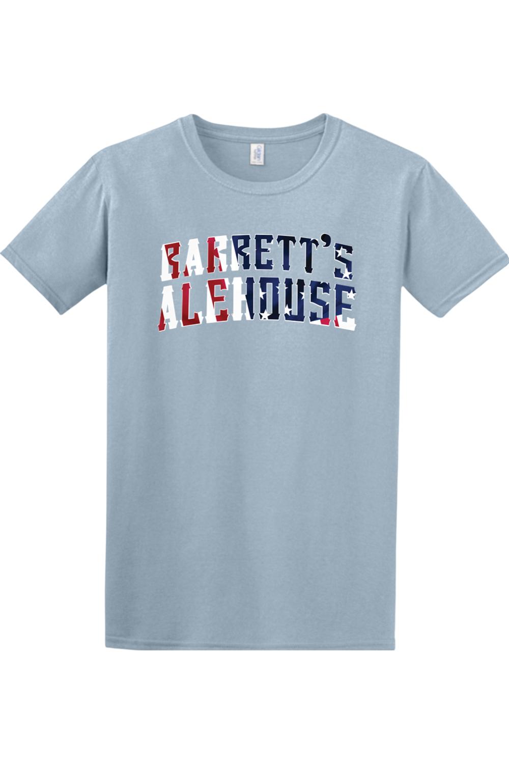 Light blue cotton t-shirt featuring a Barrett's Alehouse logo with a red, white, and blue American flag pattern.