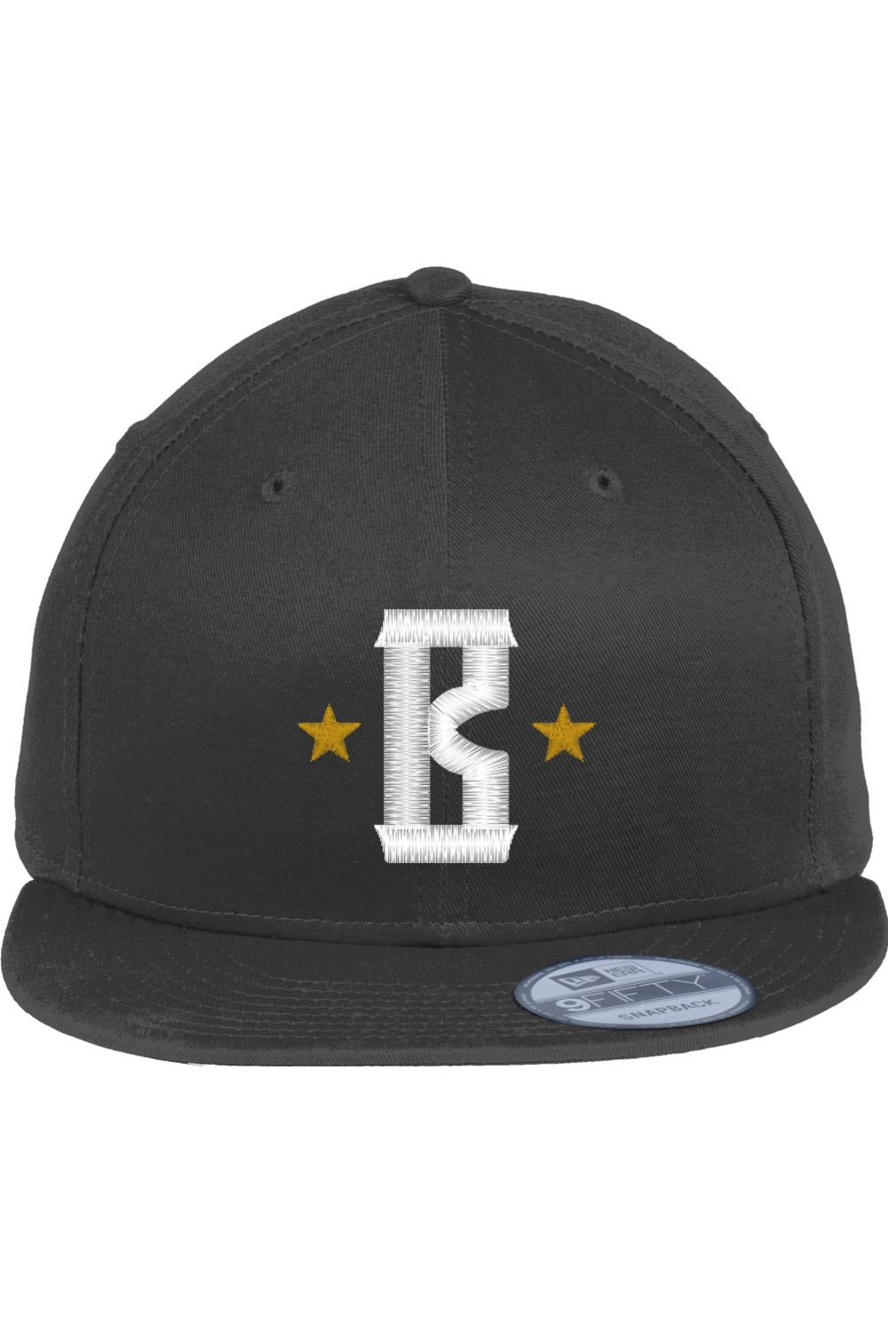 Black Barrett's Alehouse flat bill snapback cap with a white embroidered B logo and gold stars on the front.