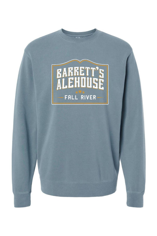 Blue pigment-dyed crewneck sweatshirt featuring a Barrett's Alehouse Fall River graphic logo on the chest.