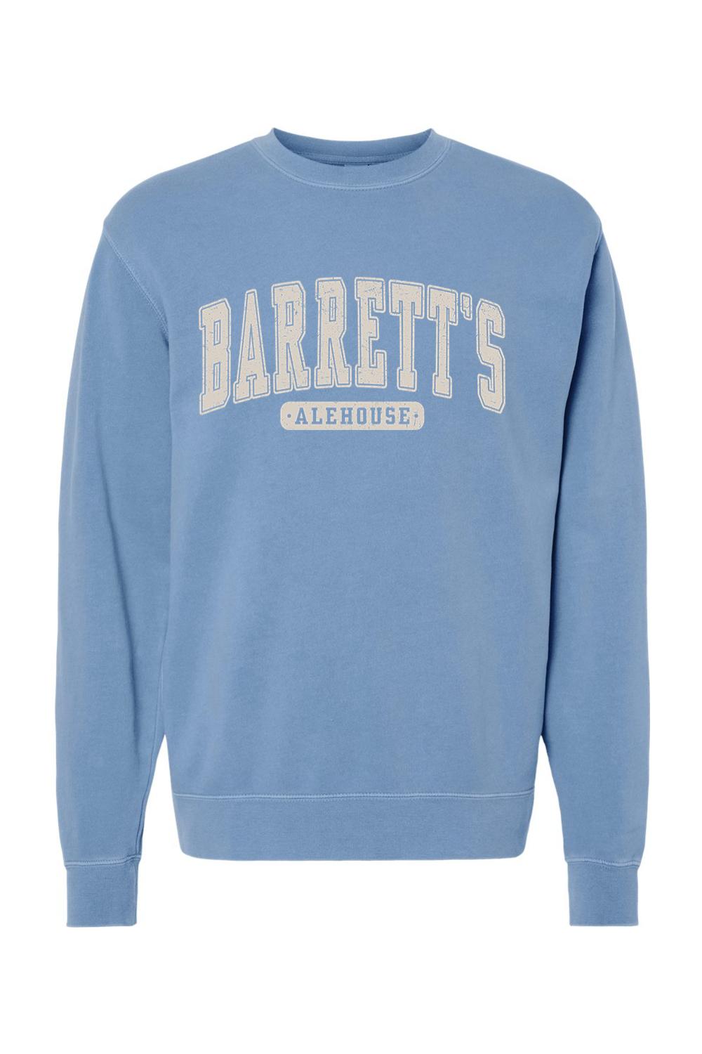 Blue pigment-dyed crewneck sweatshirt with vintage-style Barrett's Alehouse graphic print on the chest.