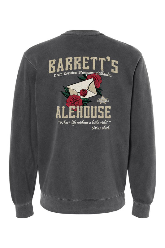 Charcoal pigment-dyed crewneck featuring a Barrett's Alehouse rose and letter graphic on the back.