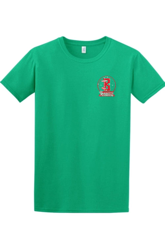 Green short-sleeve cotton t-shirt featuring a festive Barrett's Alehouse Santa logo on the left chest.
