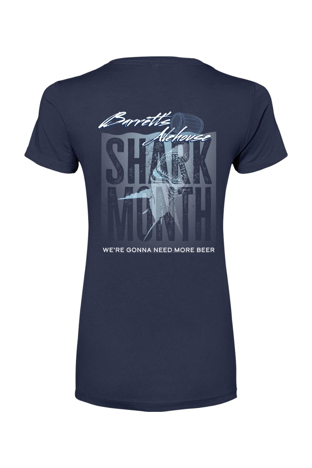 Navy blue women's cotton-blend t-shirt featuring a Barrett's Alehouse Shark Month graphic with a shark and beer mug.