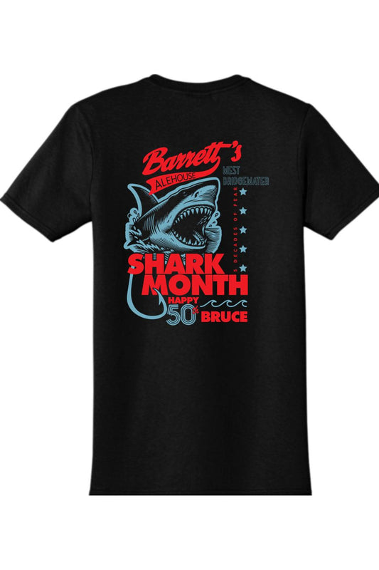 Black cotton t-shirt featuring a red and blue Shark Month 2025 graphic with a shark illustration on the back.