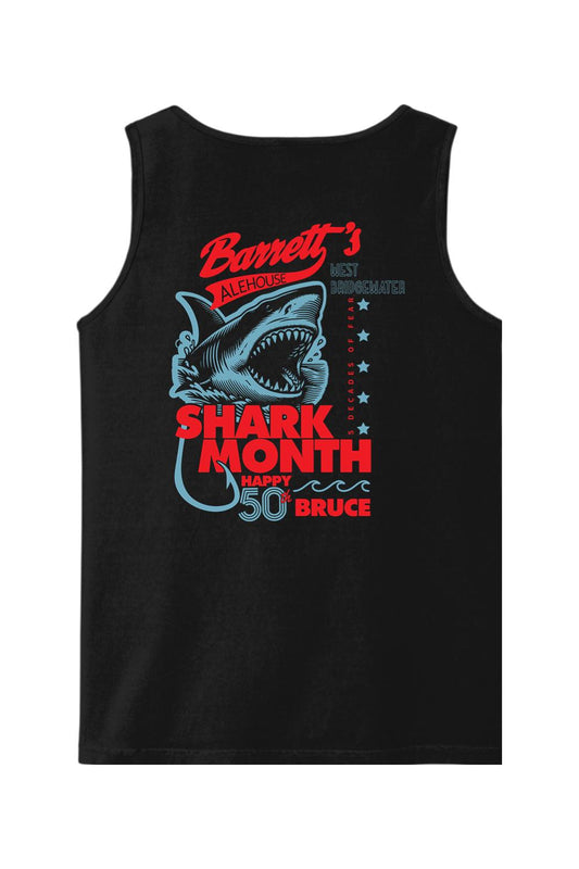 Black Comfort Colors tank top featuring a Barrett's Alehouse Shark Month graphic with a shark and 50th anniversary text.
