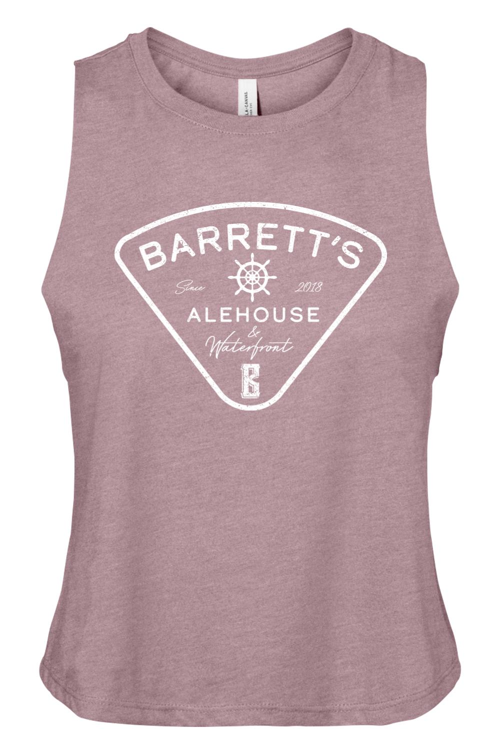 Mauve racerback cropped tank with white Barrett's Alehouse & Waterfront logo in a soft cotton-polyester jersey blend.