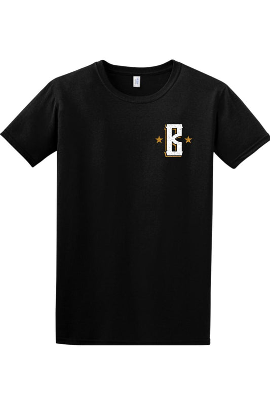 Black crewneck cotton t-shirt featuring a white and gold Barrett's Alehouse B logo on the left chest.