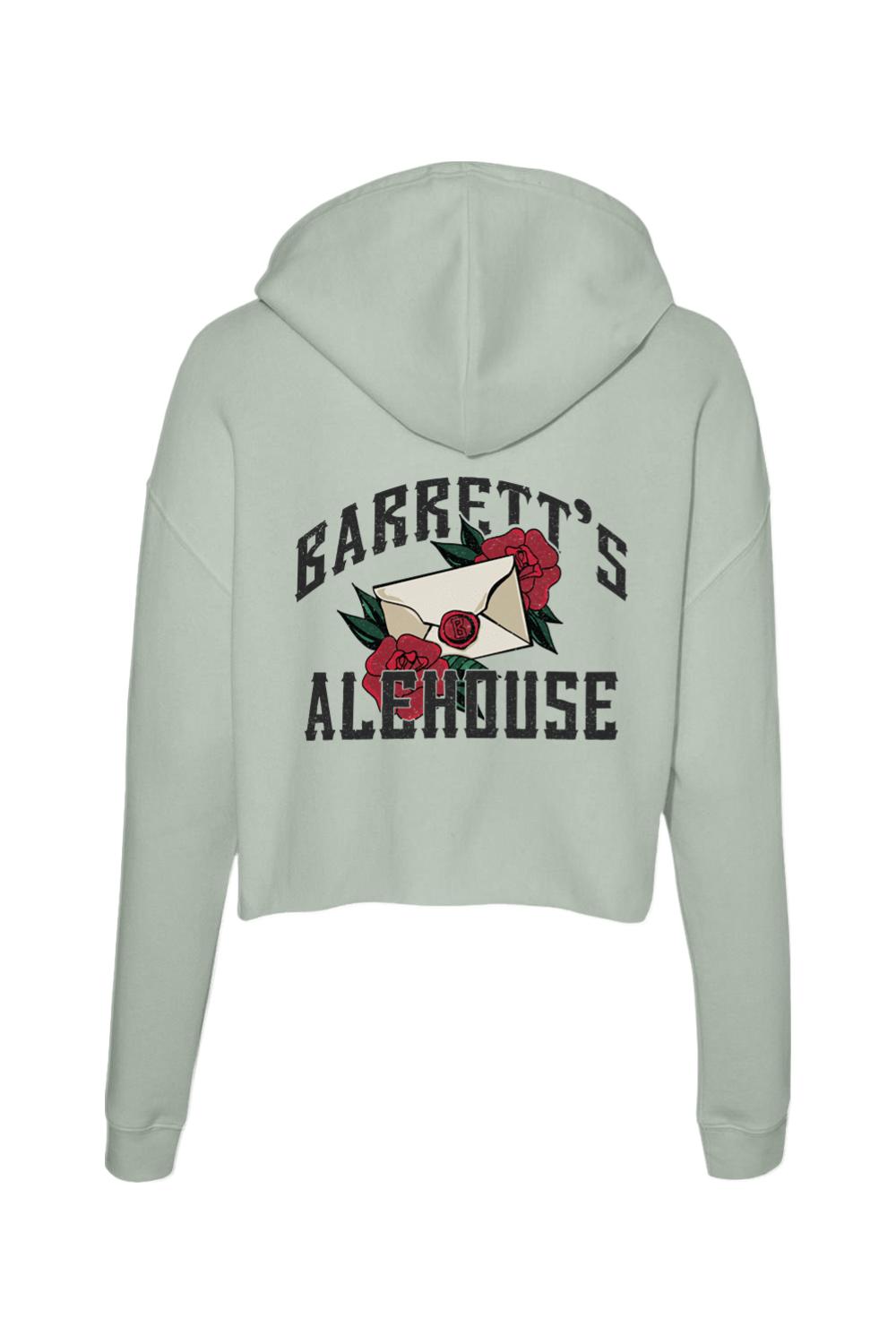 Sage green cropped hoodie featuring a Barrett's Alehouse graphic with a wax-sealed envelope and red roses on the back.