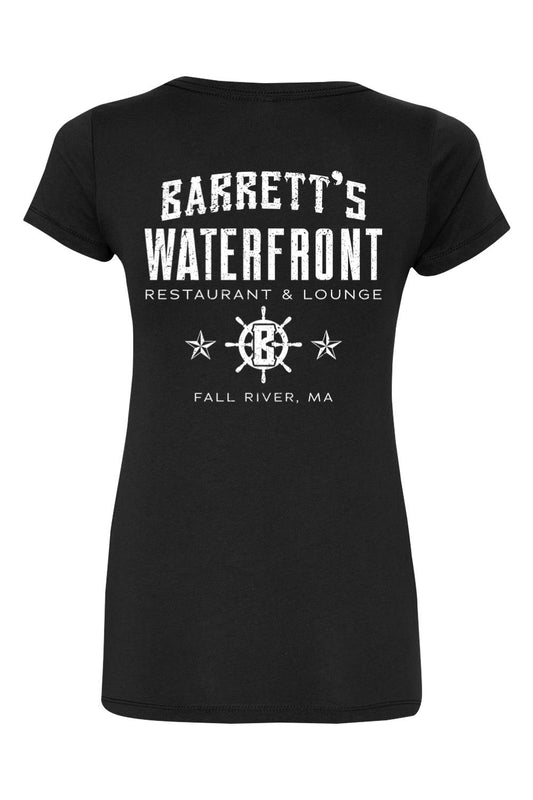 Black women's cotton blend v-neck t-shirt featuring a white Barrett's Waterfront restaurant logo on the back.