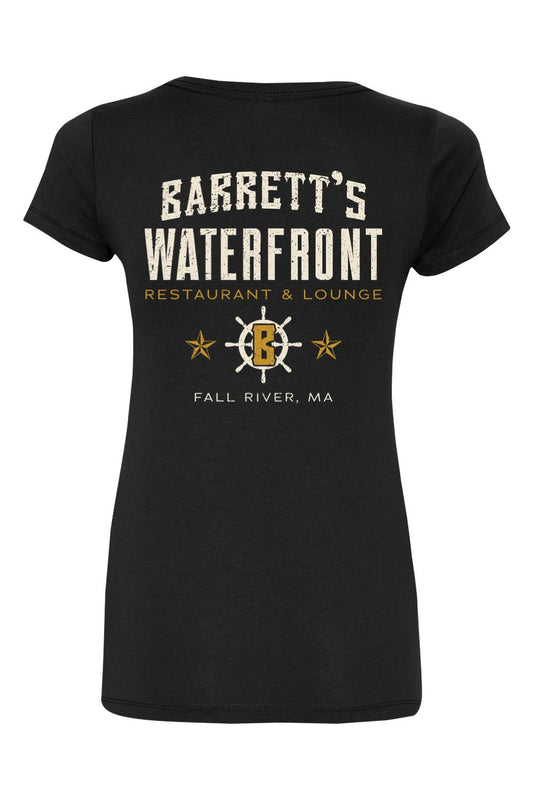 Black women's cotton blend V-neck t-shirt featuring a vintage Barrett's Waterfront Restaurant logo on the back.