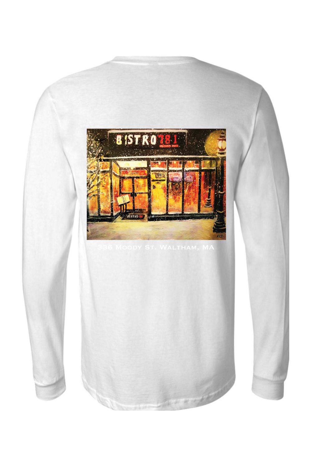 White long-sleeve cotton t-shirt featuring a snowy Bistro 781 restaurant graphic on the back.