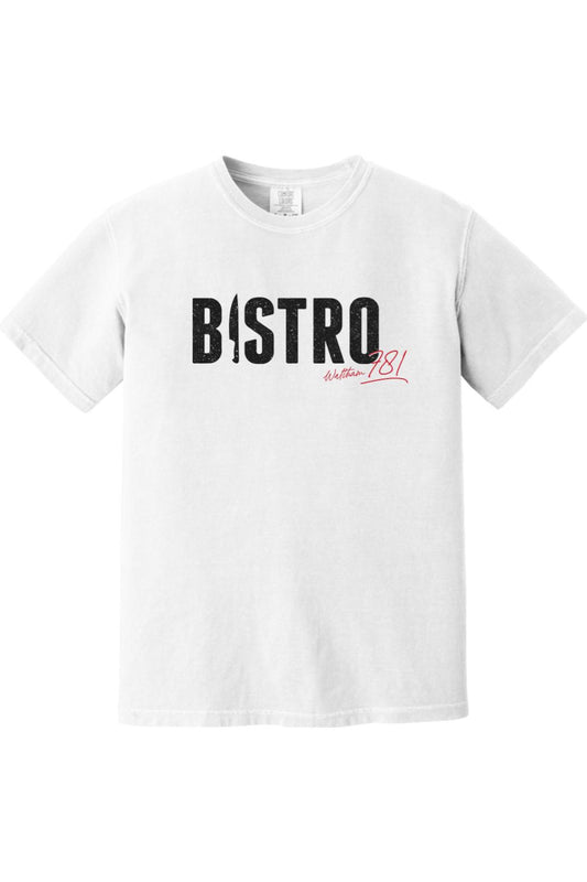 White Comfort Colors ringspun cotton t-shirt featuring a black Bistro logo with a red Waltham 781 script design.