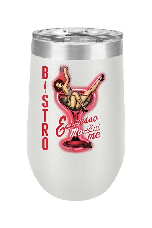 White 16oz stemless wine glass featuring a pin-up girl graphic, red Bistro text, and Espresso Martini Me lettering.