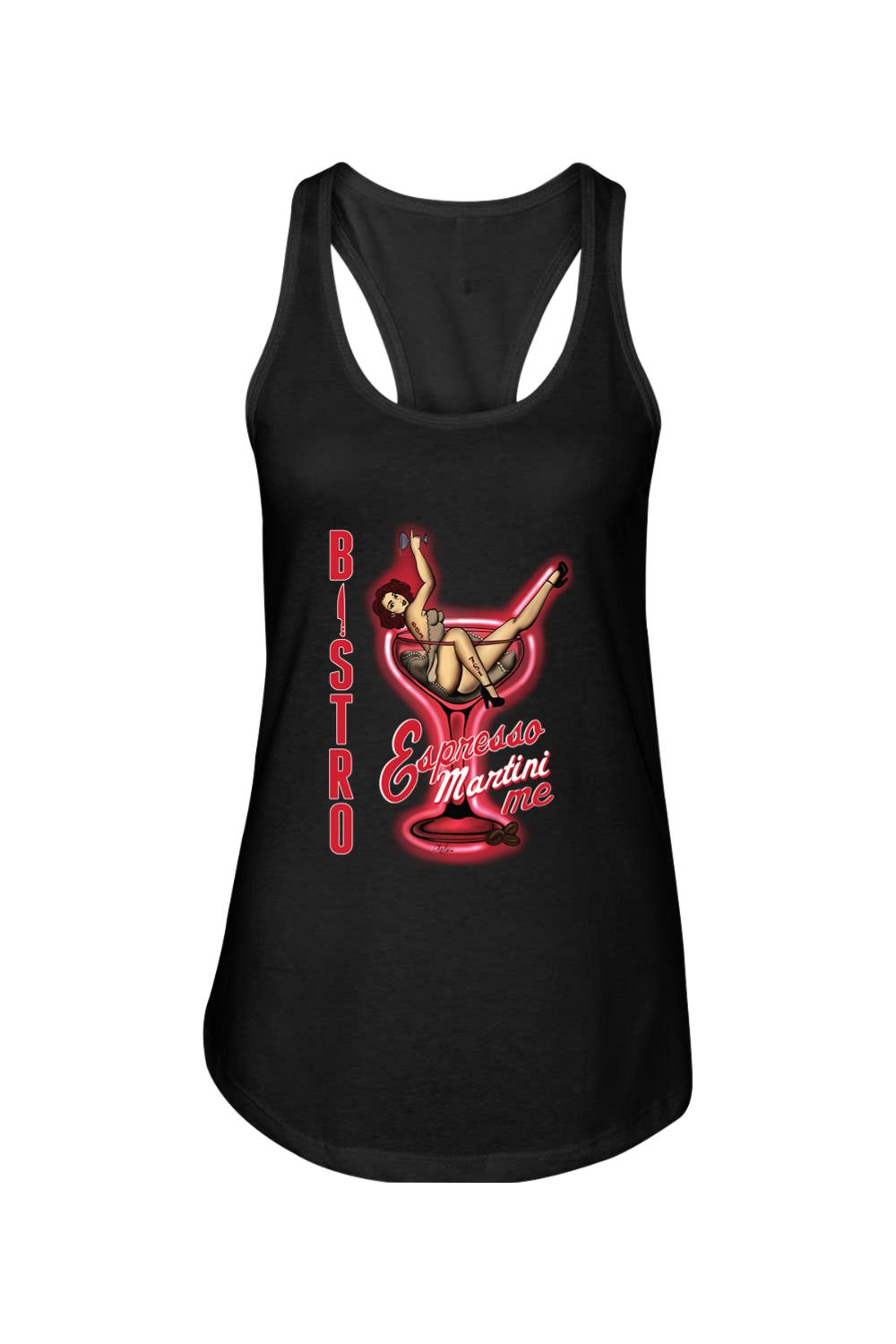 Black cotton-blend racerback tank top featuring a retro pin-up girl graphic inside a red martini glass design.