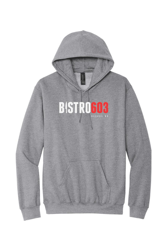 Sport grey Bistro603 hooded sweatshirt with a front kangaroo pocket and adjustable drawstring hood.