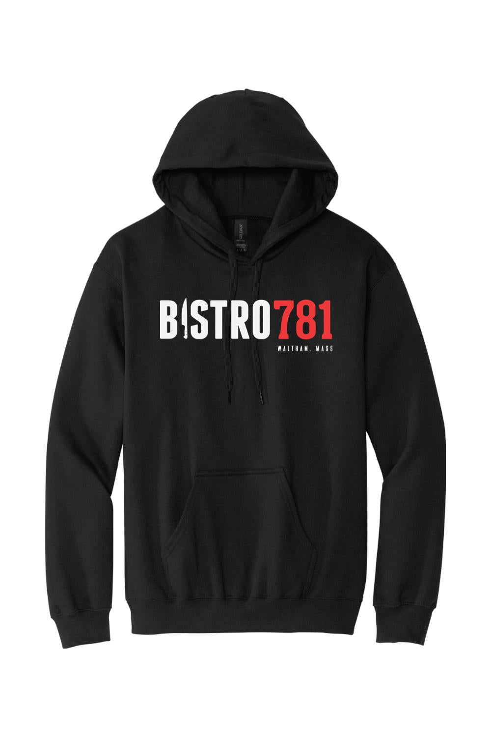Black unisex hooded sweatshirt featuring a white and red Bistro781 Waltham, Mass logo on the chest.