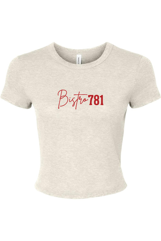 Heather oatmeal micro rib baby tee with red Bistro781 script logo, featuring a fitted silhouette and crew neck.
