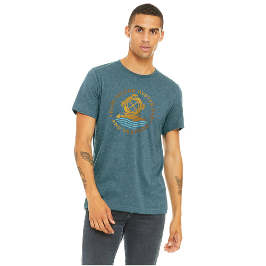 Unisex heather blue cotton-blend t-shirt featuring a gold vintage diving helmet graphic and Blue Island Oyster Bar text.
