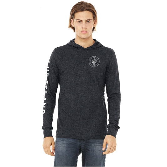 Charcoal heather long-sleeve hoodie with a crossover neckline, chest logo, and sleeve text graphic.